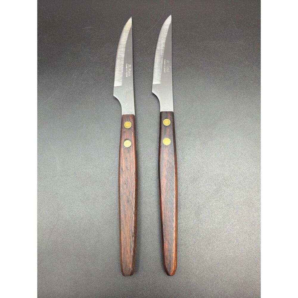 2 St Regis Stainless Japan Steak Knives Wood Handles Vintage Kitchen Cutlery